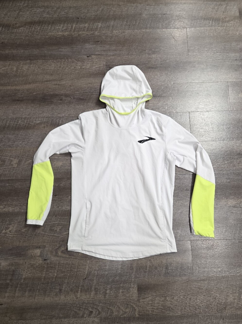 Brooks White Hooded Performance Jacket with Neon Yellow Accents